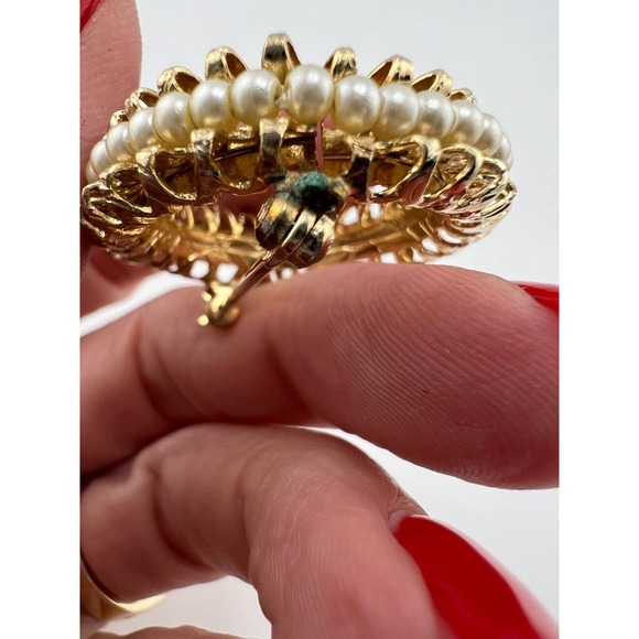 Vintage Women's Jewelry‎ Gold-Tone White Pearl Round Ring Scarf Brooch Pin - Picture 9 of 12